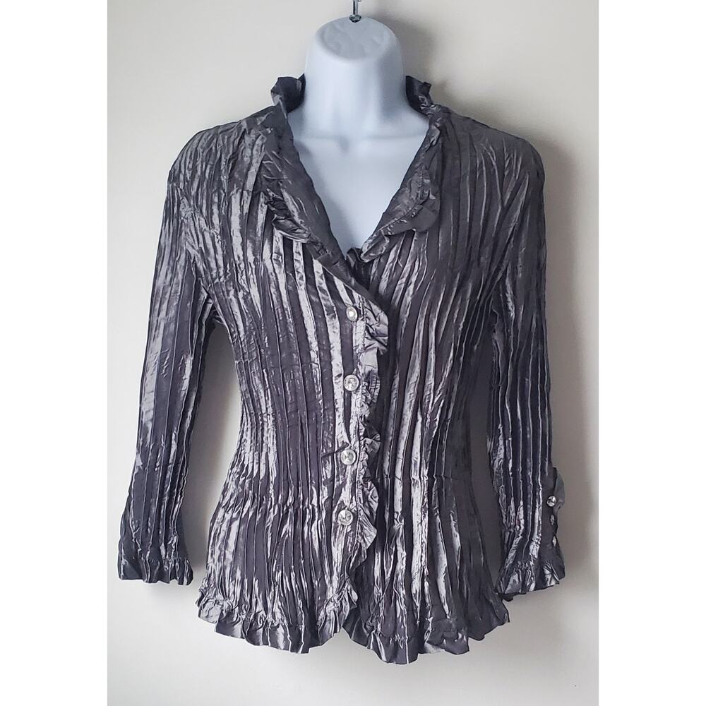 Vintage Dressbarn Womens Gray Taffeta Accordian Style Shirt Small Glam Wedding